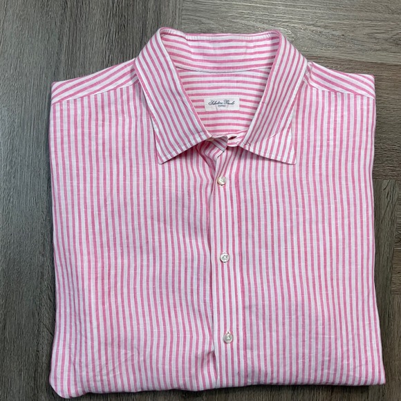 Salvatore Piccolo Napoli Striped Linen Shirt Mens Large Pink White Classy Italy - Picture 3 of 8